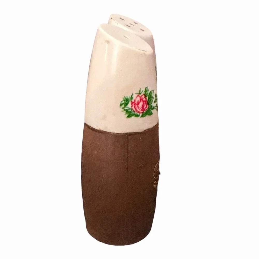 VTG Wood And Porcelain Salt Pepper Shaker Set With Floral Design MCM & Cottage